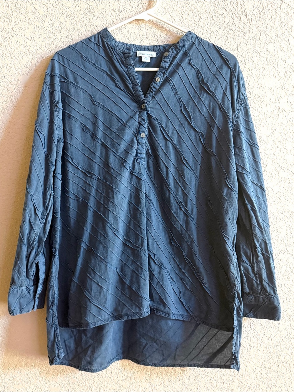 Sundance Blue Textured Crinkle Cotton Tunic Top Shirt Size M Boho Peasant Beachy